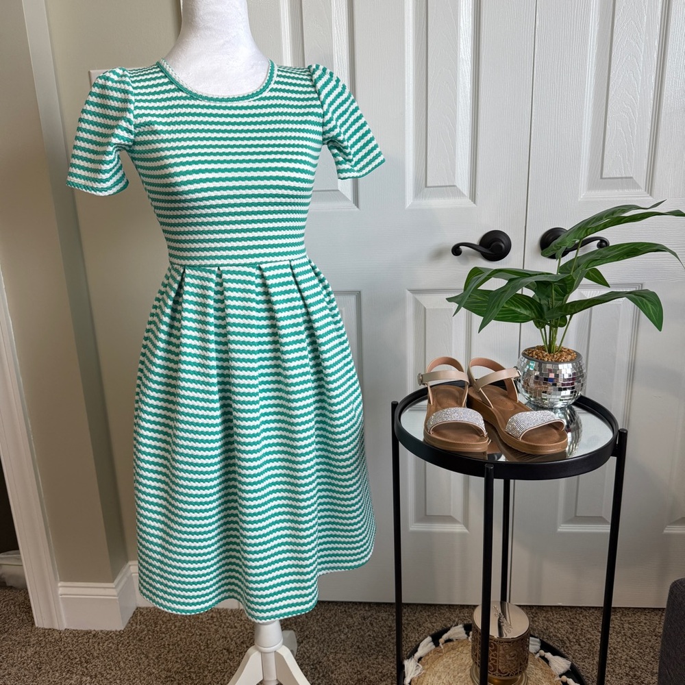 LuLaRoe Amelia Green and White Striped Dress
